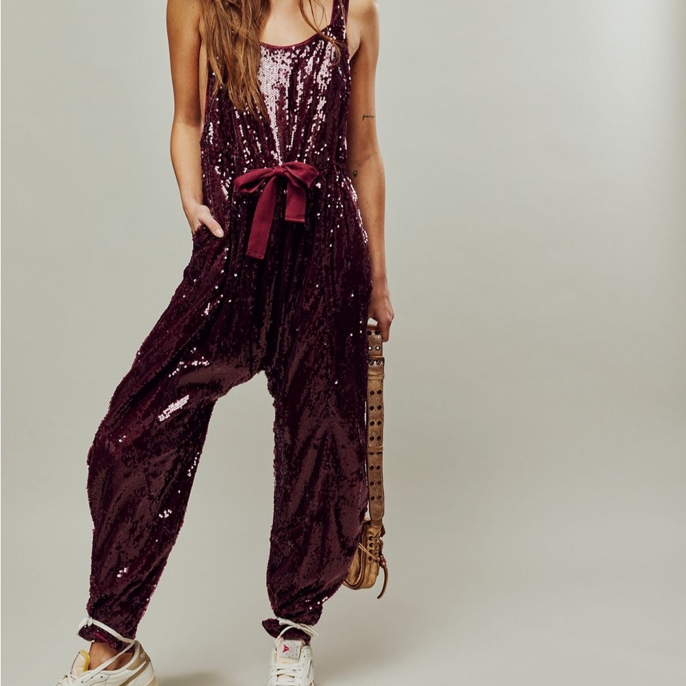 Free People Sequin Burgundy Jumpsuit, Love Again Harem One-Piece
